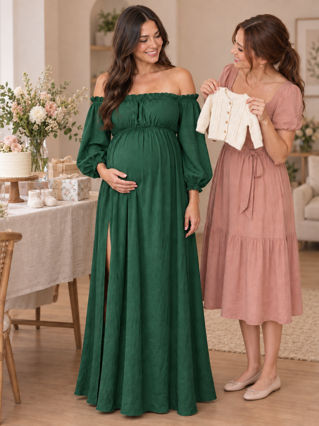 Elodie Forest Green maternity dress — a friend holding up a knitted baby cardigan at a baby shower