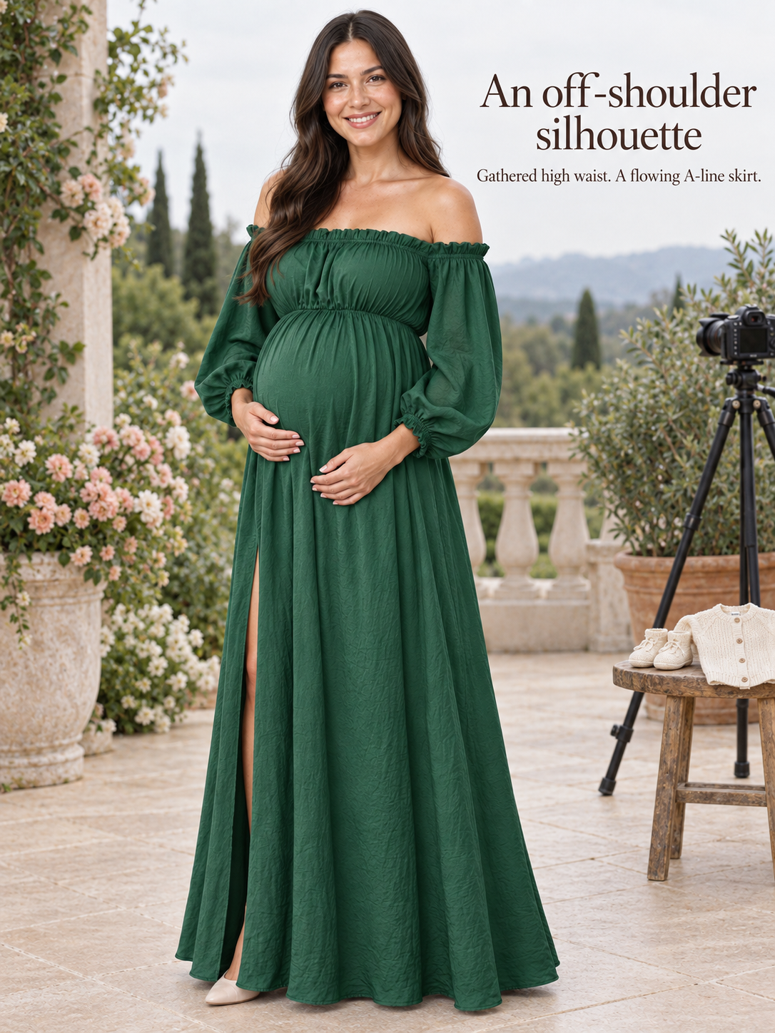 Elodie Forest Green maternity dress — full-length view on a sunny terrace set up for portraits