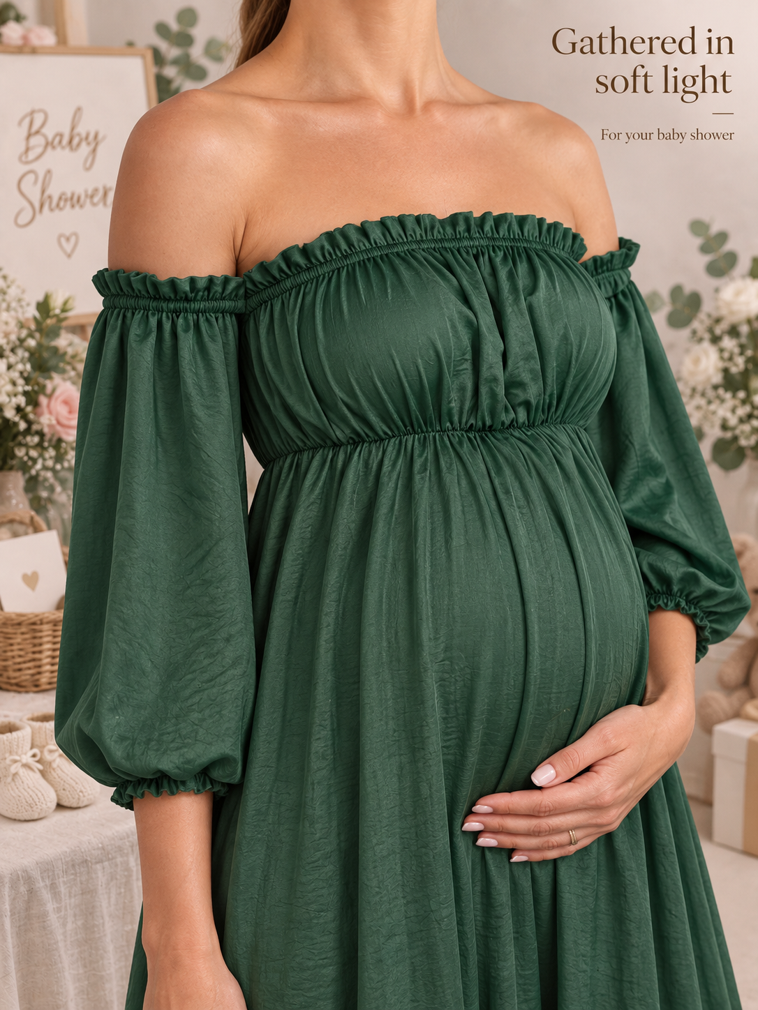 Elodie Forest Green maternity dress — gathered bodice and soft crinkle fabric in warm light