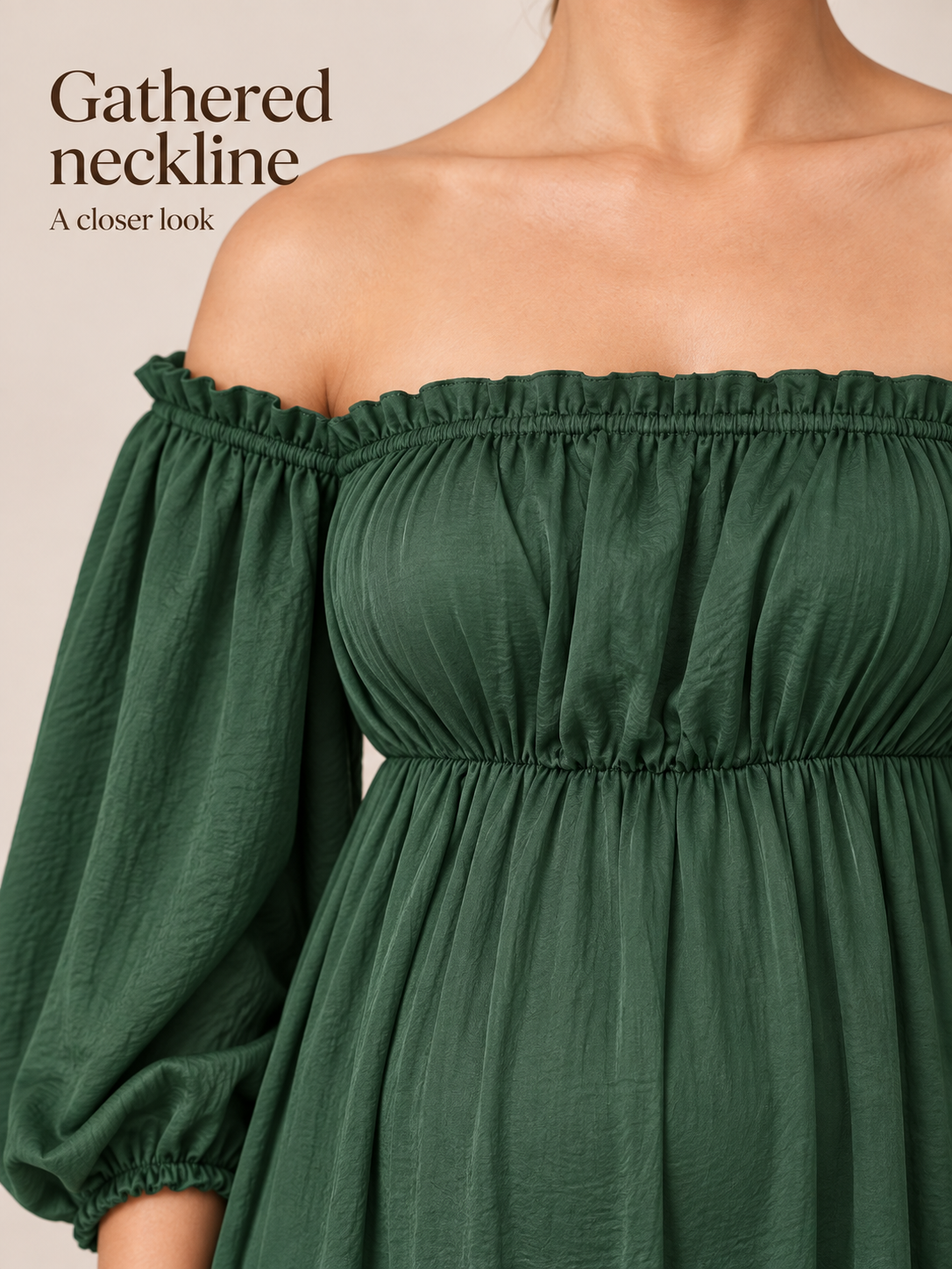 Elodie Forest Green maternity dress — close-up of the ruffled neckline and puff sleeve