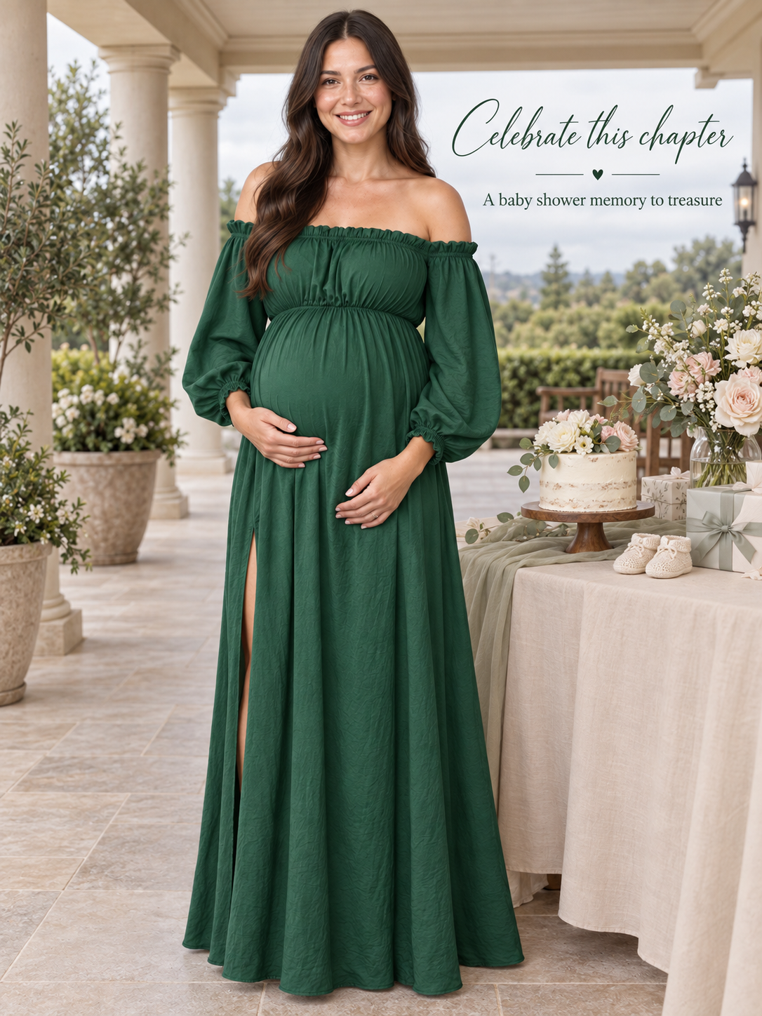 Elodie Forest Green maternity dress — standing by the cake table at a porch baby shower