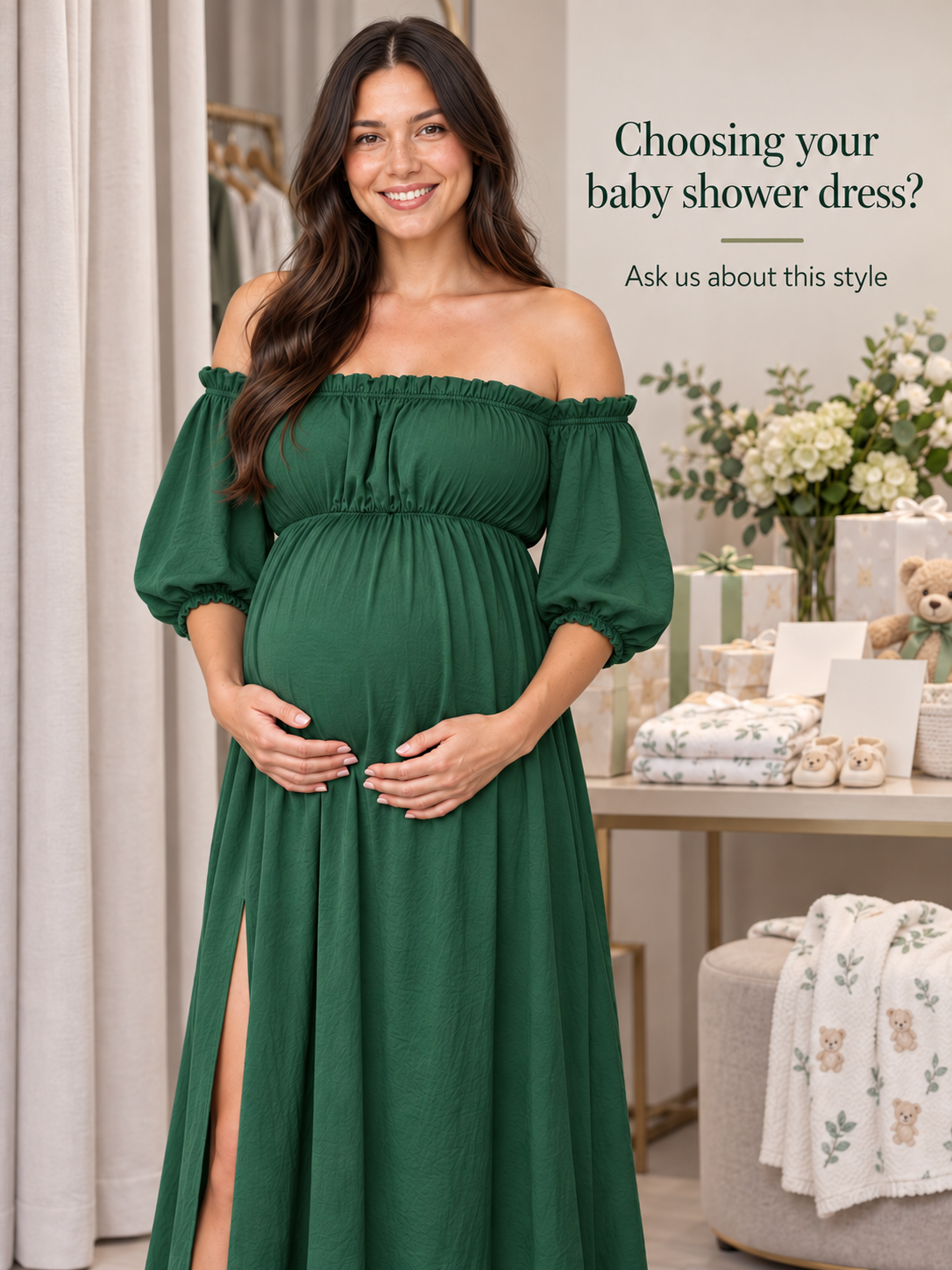 Elodie Forest Green maternity dress — half-length view beside a table of baby gifts