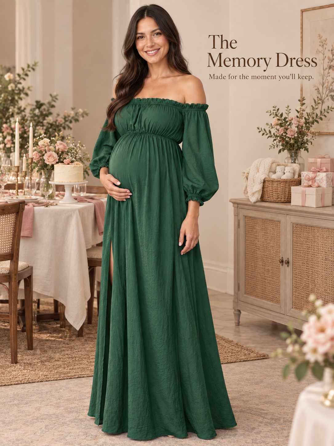 Elodie Forest Green maternity dress — full-length view in a dining room set for a baby shower