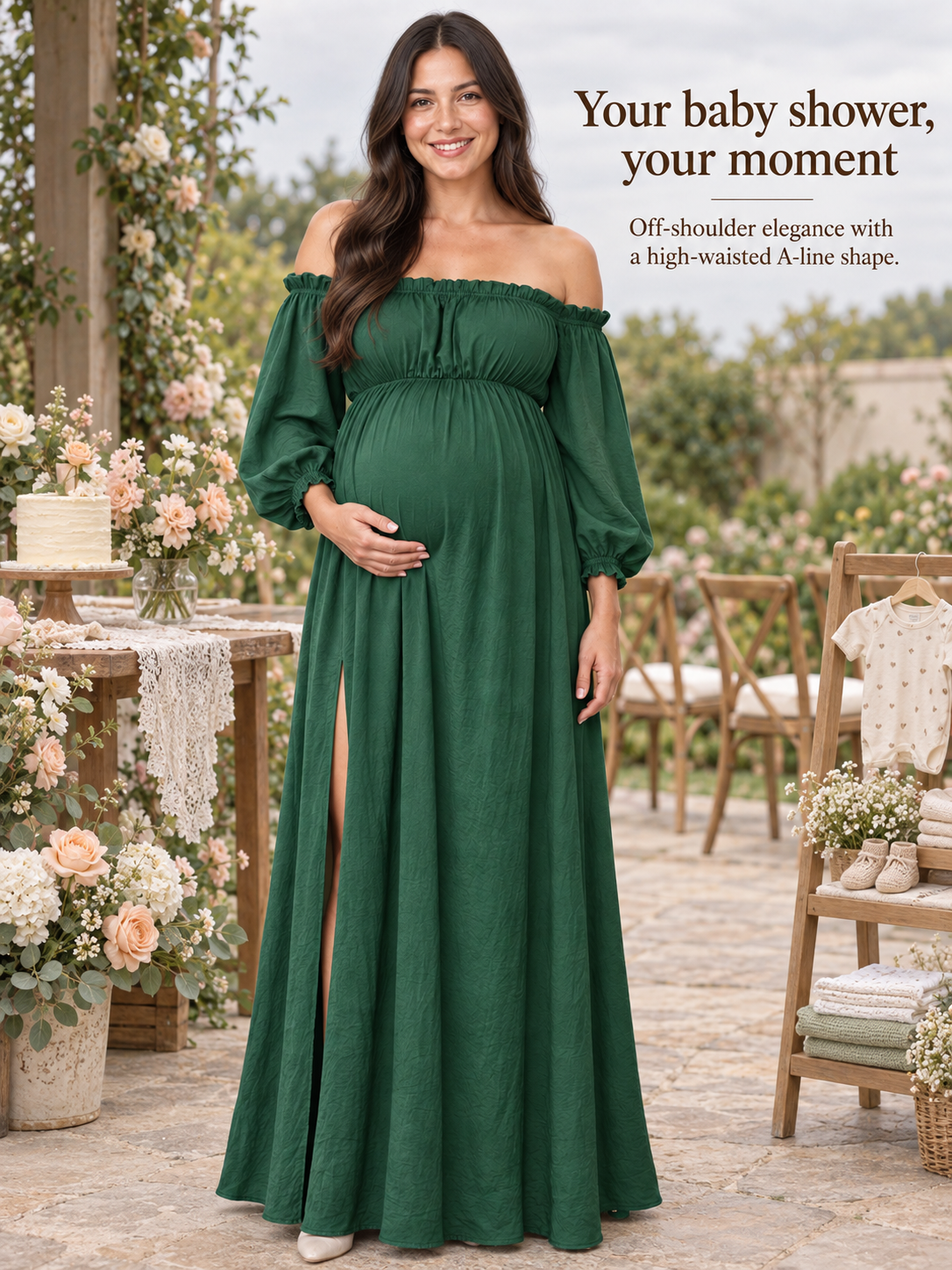 Elodie Forest Green maternity dress — full-length view at a garden baby shower with a cake table
