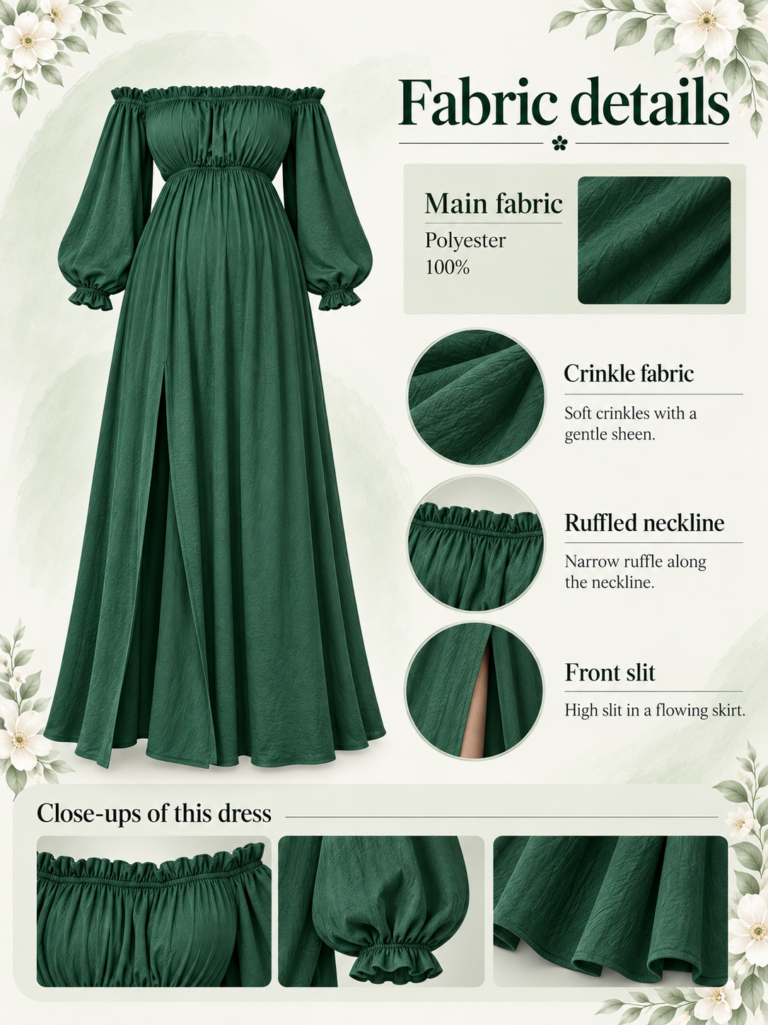 Elodie Forest Green maternity dress — material guide showing the crinkle fabric, ruffled neckline and front slit