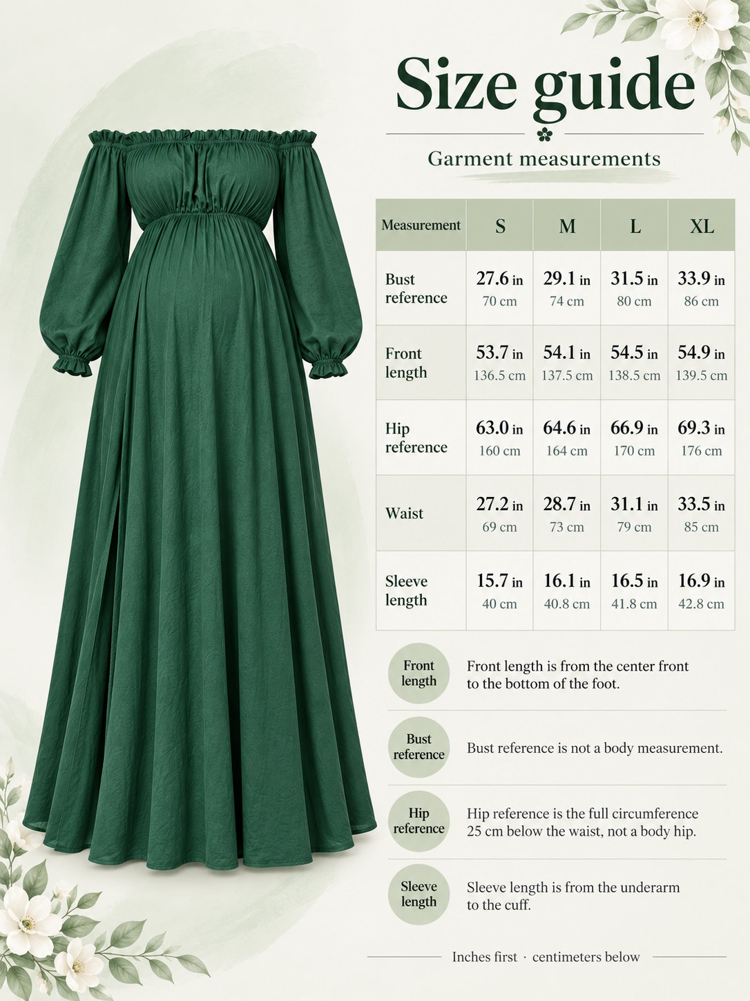 Elodie Forest Green maternity dress — size guide with S to XL garment measurements in inches and centimeters