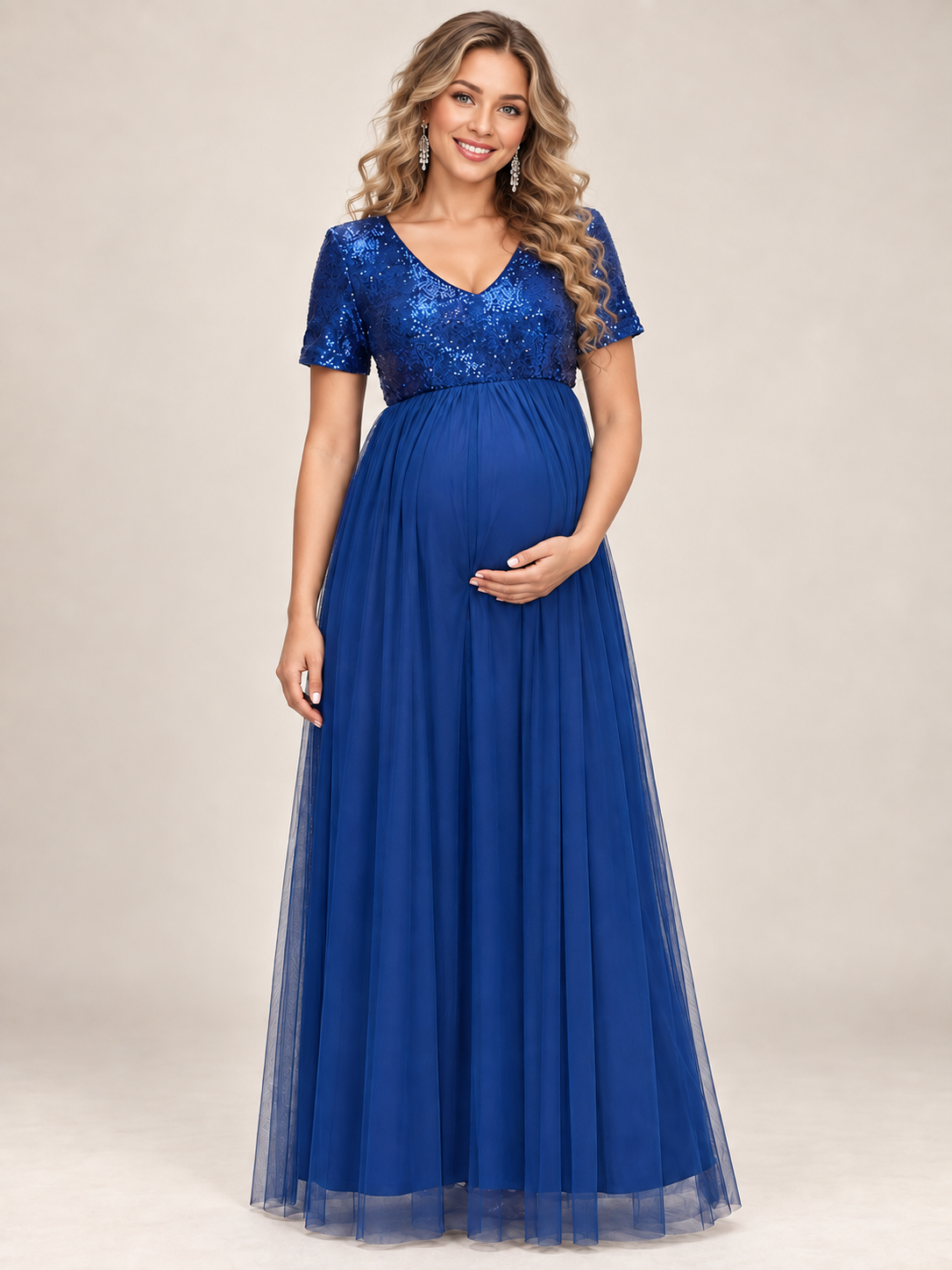 Celestine Royal Blue maternity dress — front view with sequin V-neck bodice and tulle maxi skirt
