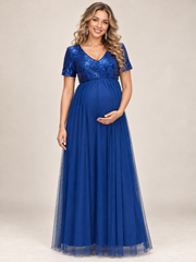 Celestine Royal Blue maternity dress — front view with sequin V-neck bodice and tulle maxi skirt