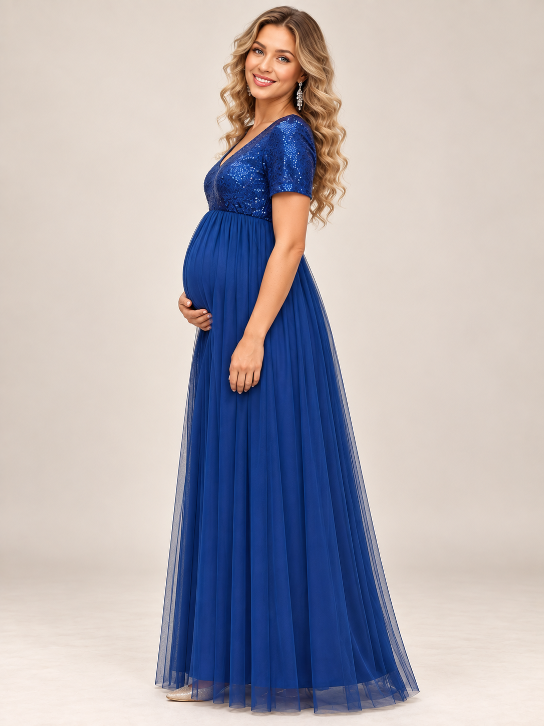 Celestine Royal Blue maternity dress — side view of the high waist over the bump