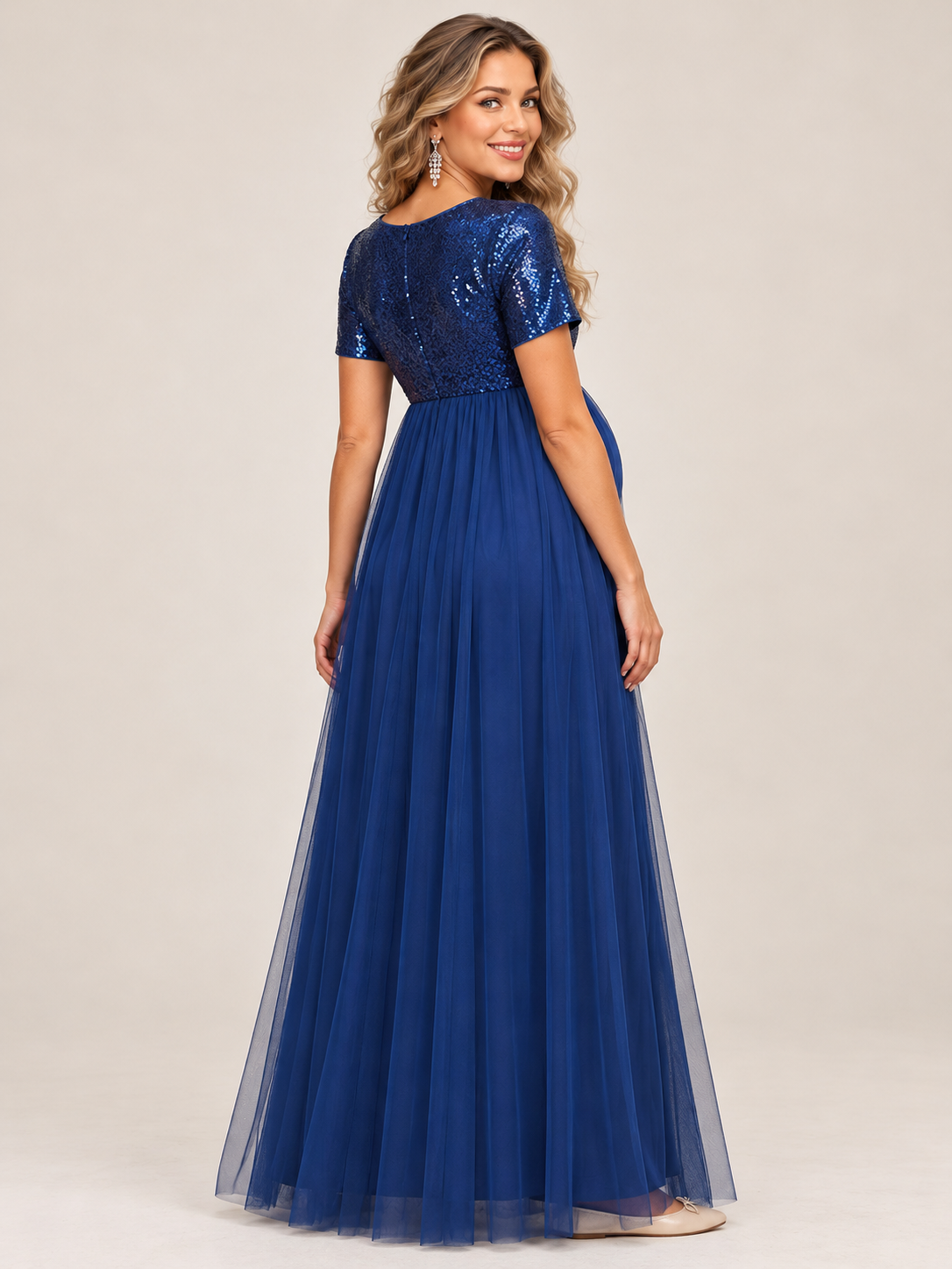 Celestine Royal Blue maternity dress — back view of the closed sequin bodice and tulle skirt