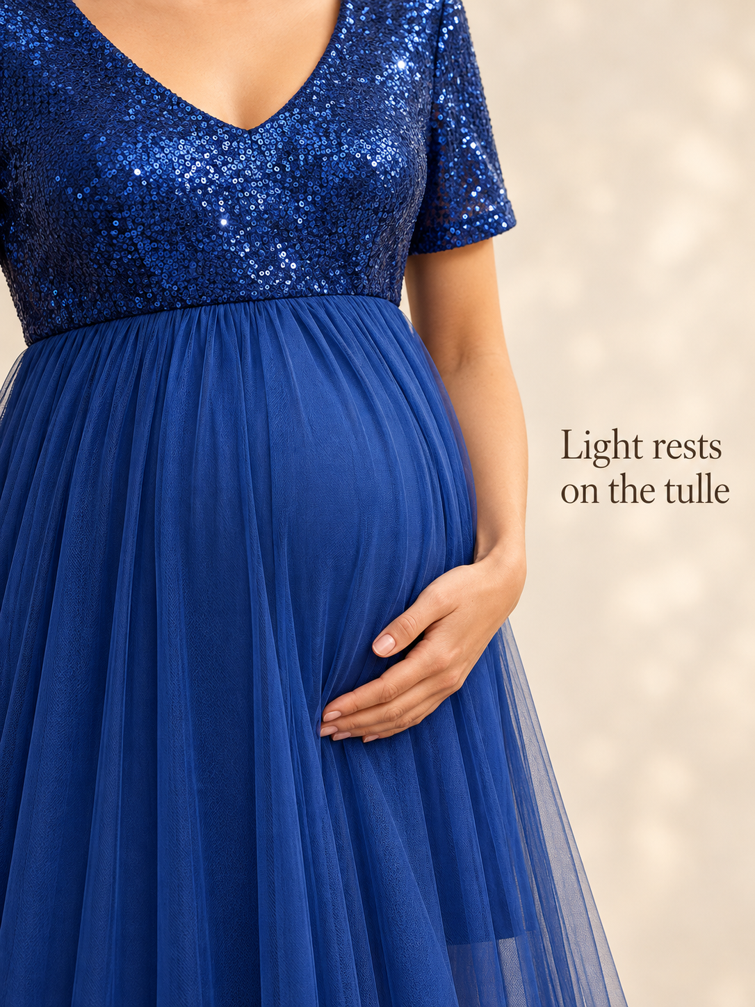 Celestine Royal Blue maternity dress — sequin bodice and tulle skirt in soft light