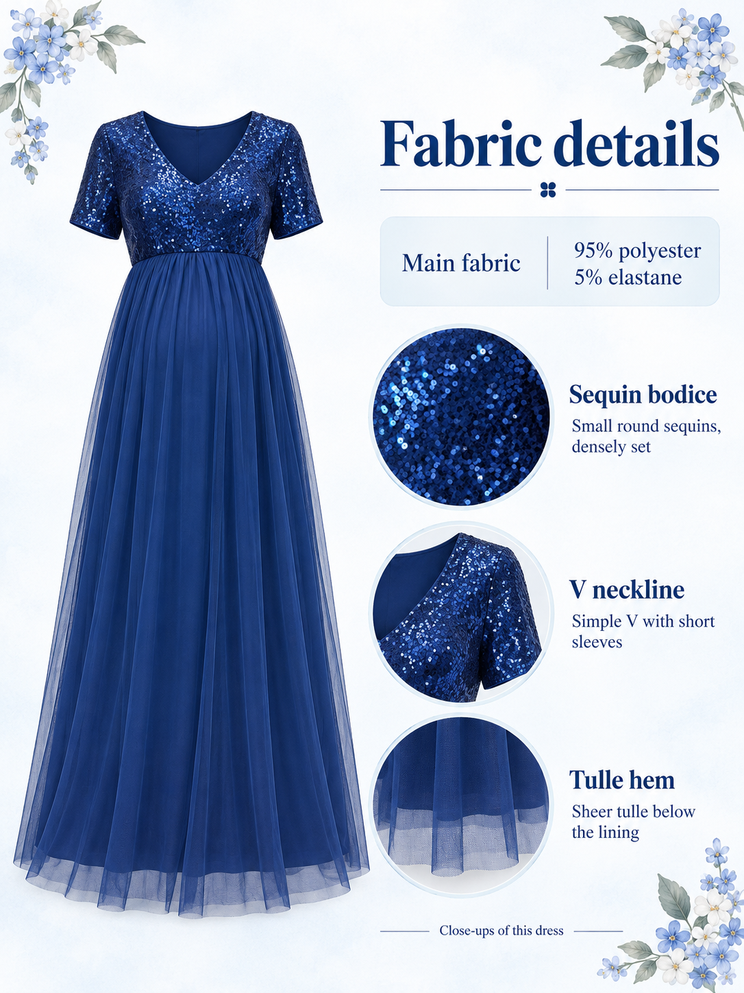 Celestine Royal Blue maternity dress — material guide showing the sequins, tulle skirt and shorter lining