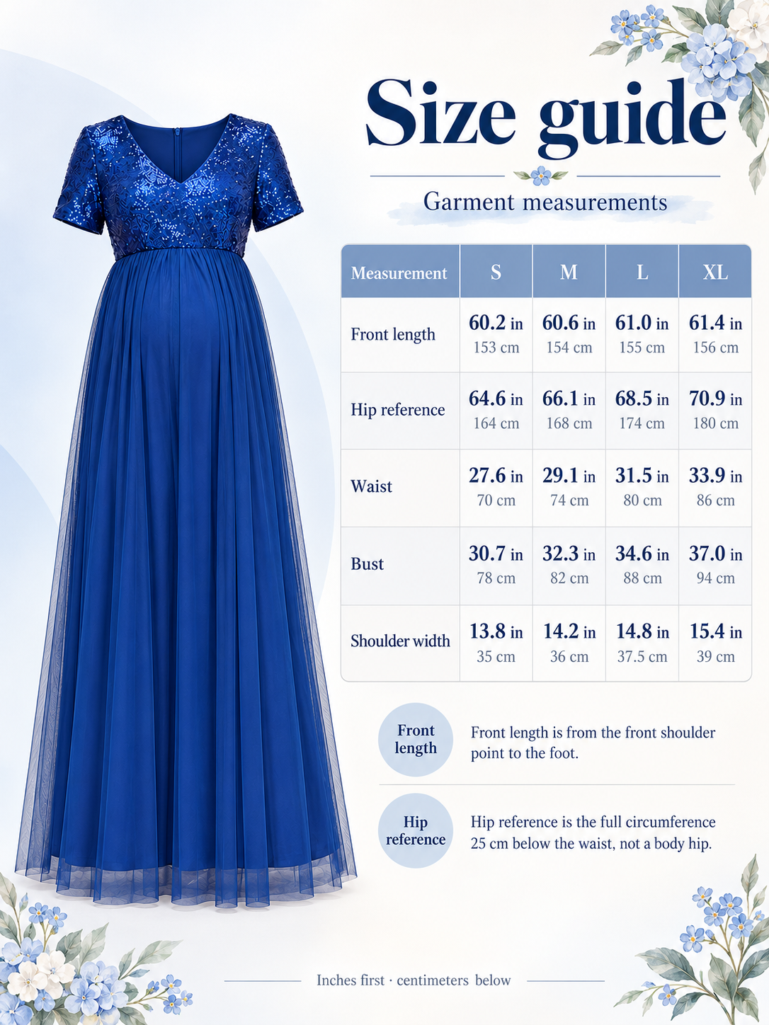 Celestine Royal Blue maternity dress — size guide with S to XL garment measurements in inches and centimeters