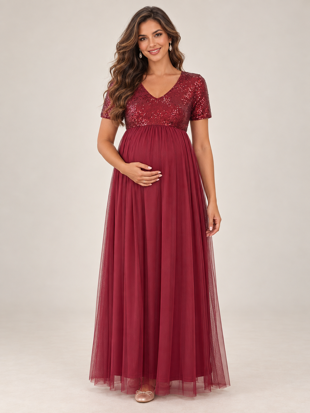 Celestine Burgundy maternity dress — front view with sequin V-neck bodice and tulle maxi skirt