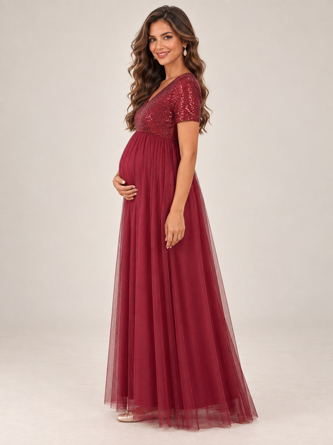 Celestine Burgundy maternity dress — side view of the high waist over the bump