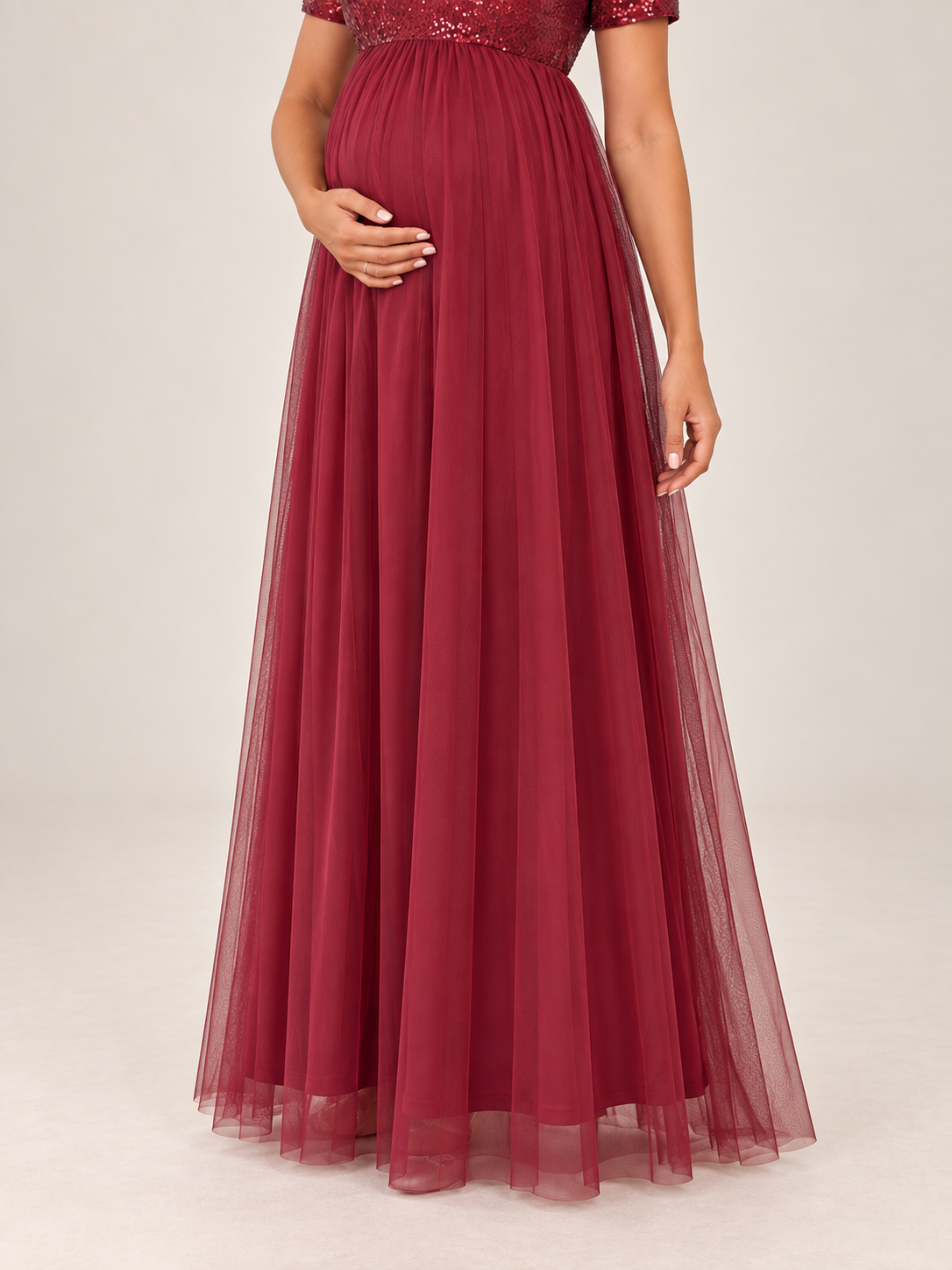 Celestine Burgundy maternity dress — tulle skirt with a sheer hem over the lining
