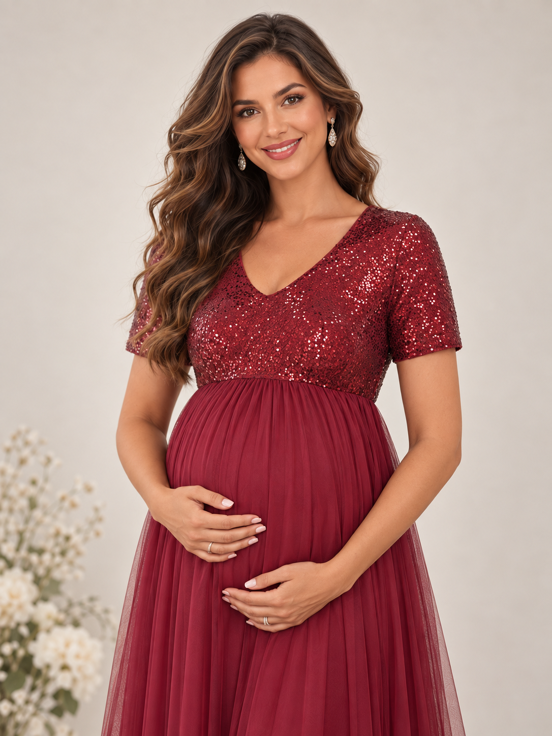 Celestine Burgundy maternity dress — maternity keepsake portrait among fresh flowers