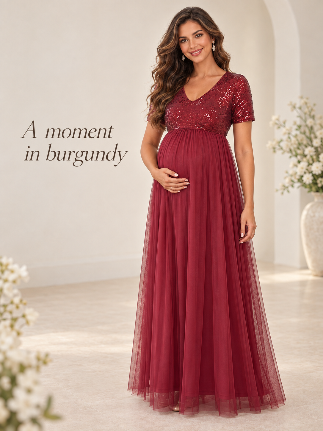 Celestine Burgundy maternity dress — full silhouette in a softly lit room