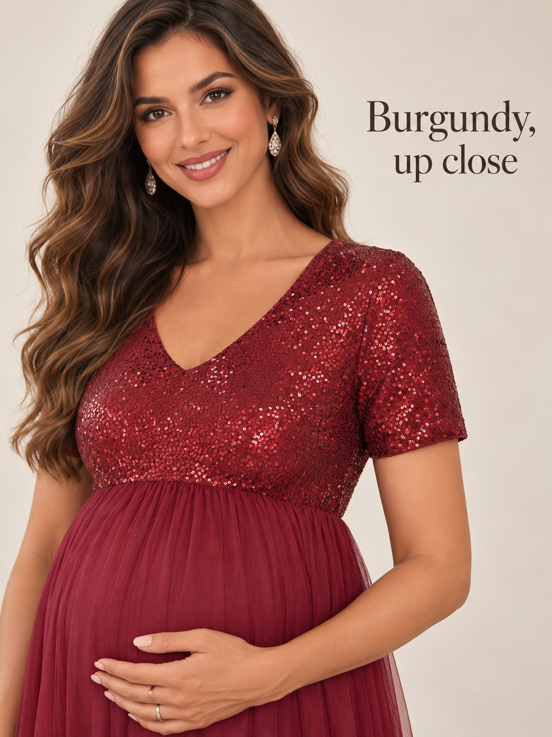 Celestine Burgundy maternity dress — close look at the V neckline and short sleeves