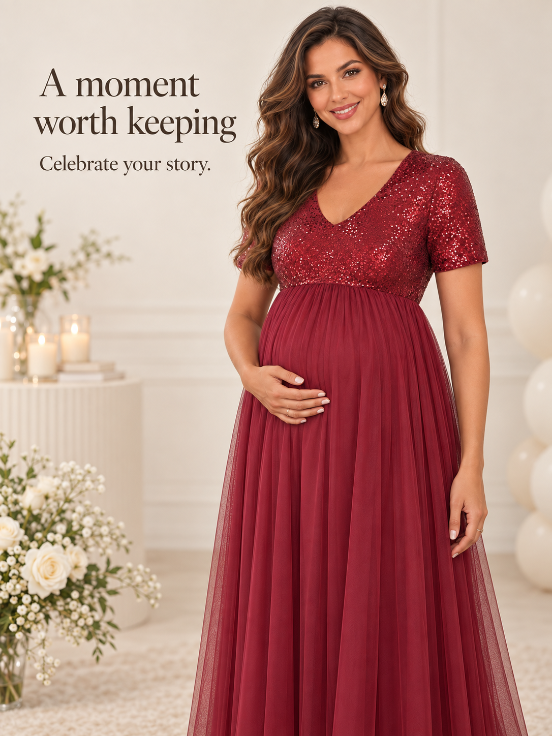 Celestine Burgundy maternity dress — portrait with hands on the bump among flowers