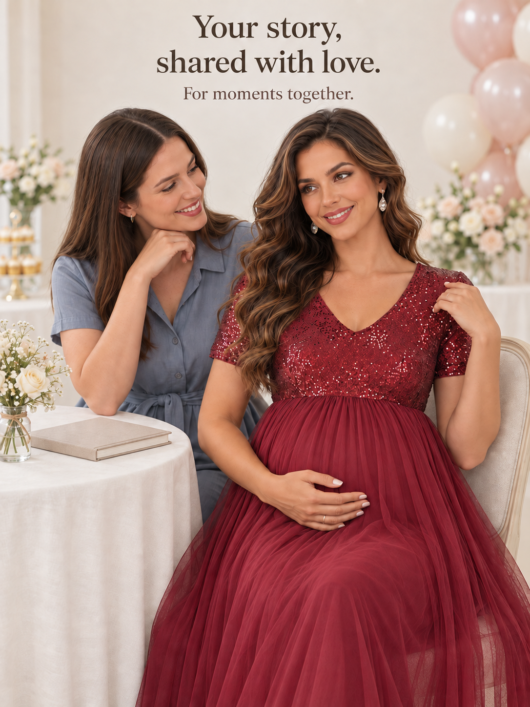 Celestine Burgundy maternity dress — seated with a friend at a celebration table