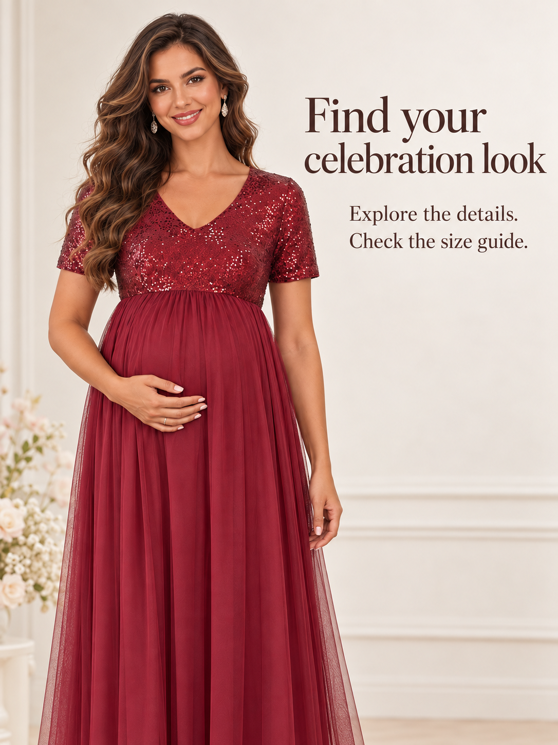 Celestine Burgundy maternity dress — standing portrait showing the full tulle skirt