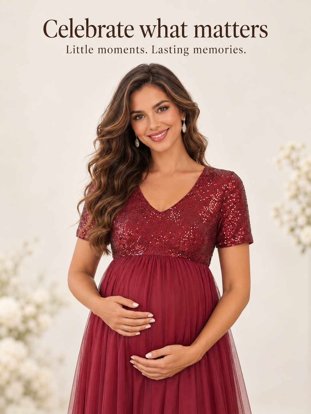 Celestine Burgundy maternity dress — smiling portrait with hands on the bump