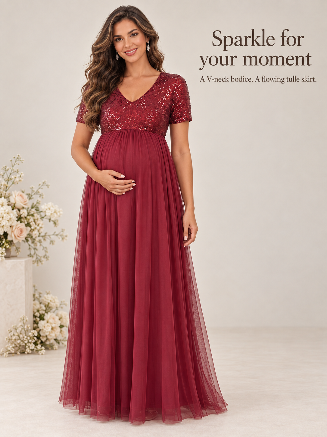 Celestine Burgundy maternity dress — full-length view of the sequin bodice and tulle skirt