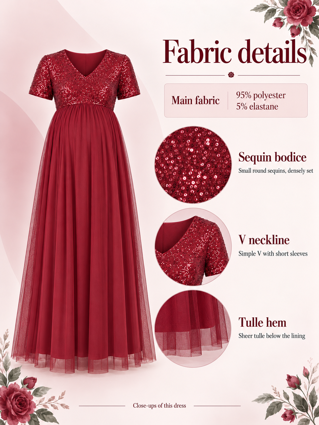 Celestine Burgundy maternity dress — material guide showing the sequins, tulle skirt and shorter lining