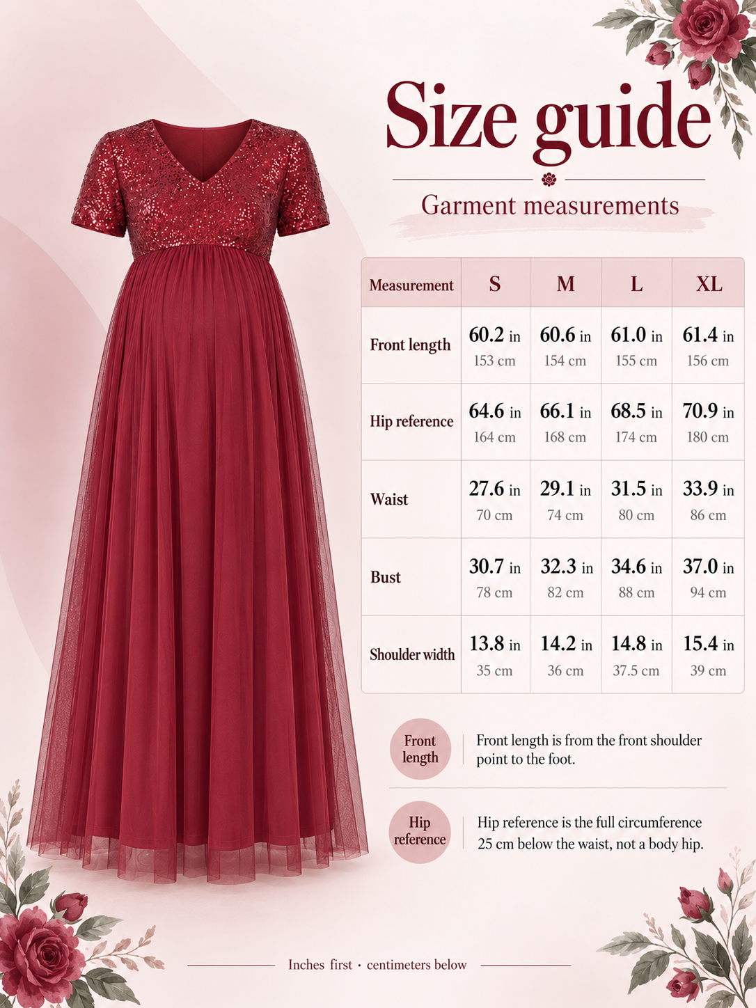 Celestine Burgundy maternity dress — size guide with S to XL garment measurements in inches and centimeters