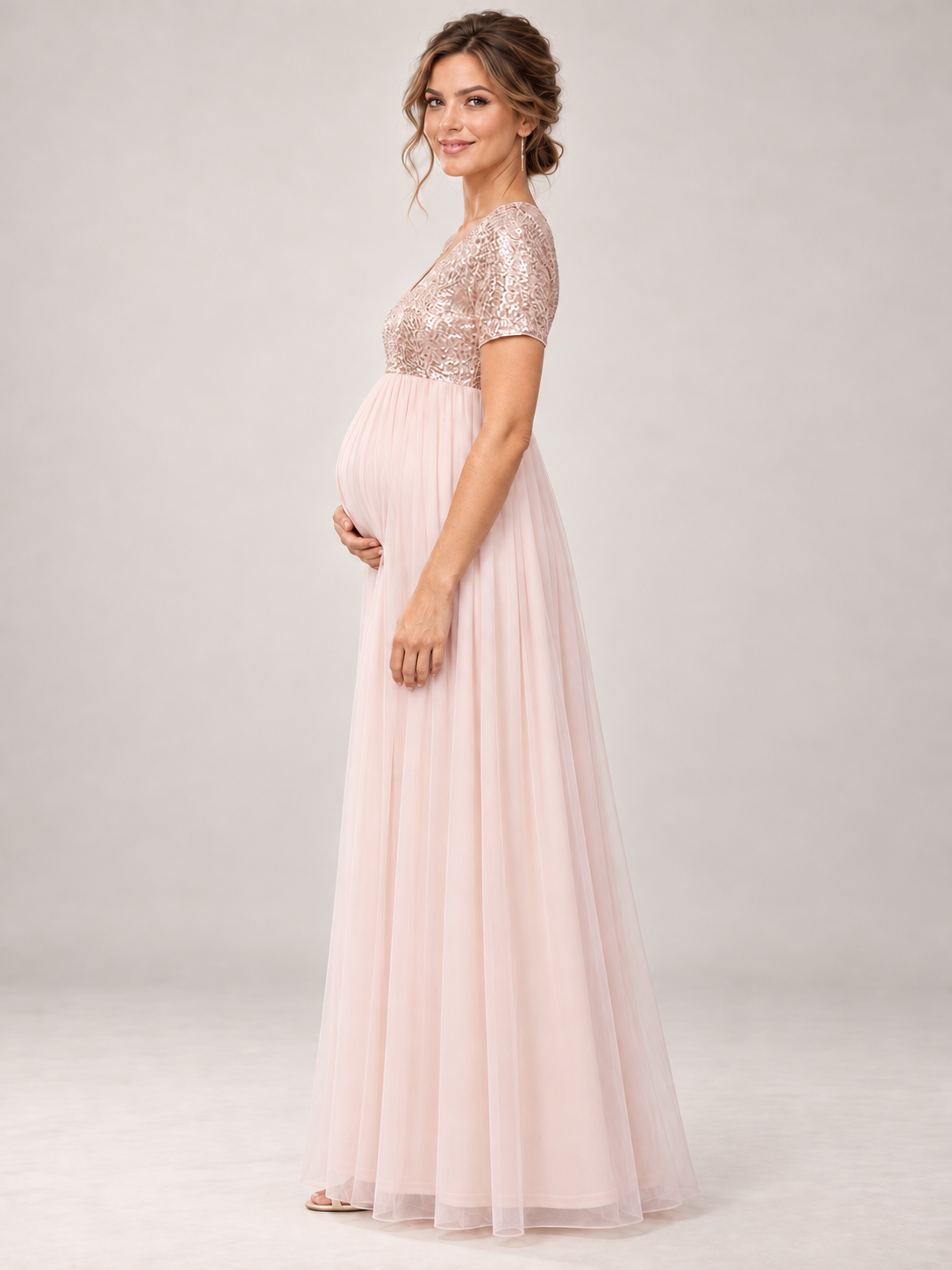 Celestine Champagne maternity dress — side silhouette