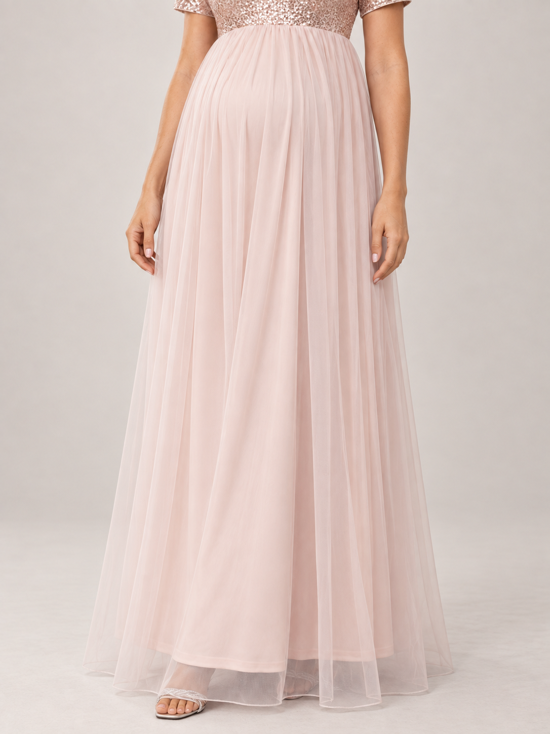 Celestine Champagne maternity dress — skirt and hem detail