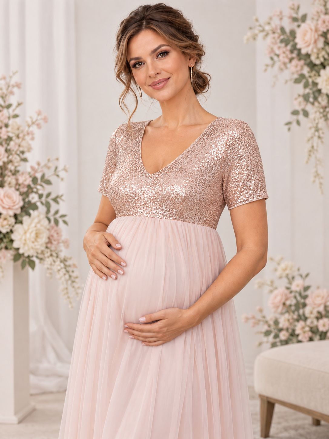 Celestine Champagne maternity dress — maternity portrait