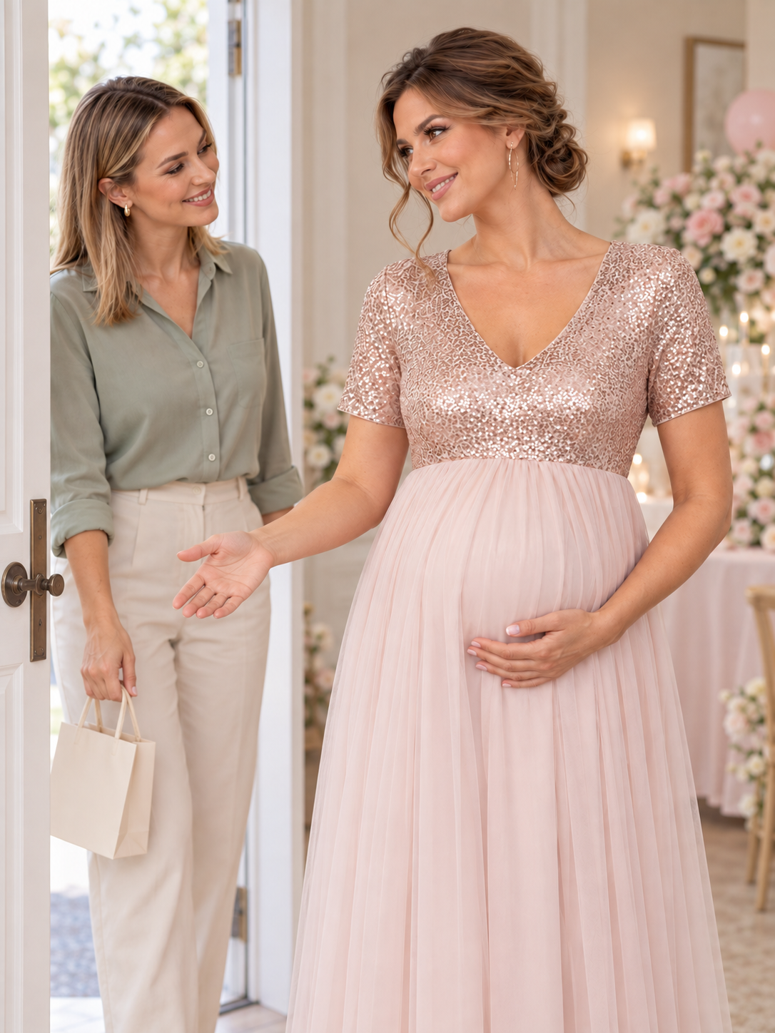 Celestine Champagne maternity dress — celebration arrival