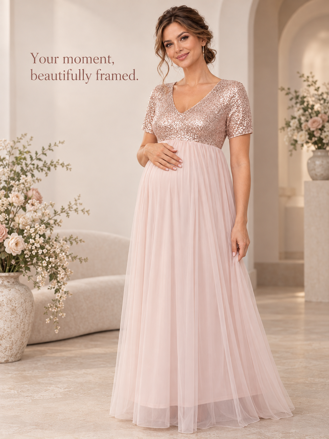 Celestine Champagne maternity dress — full dress silhouette