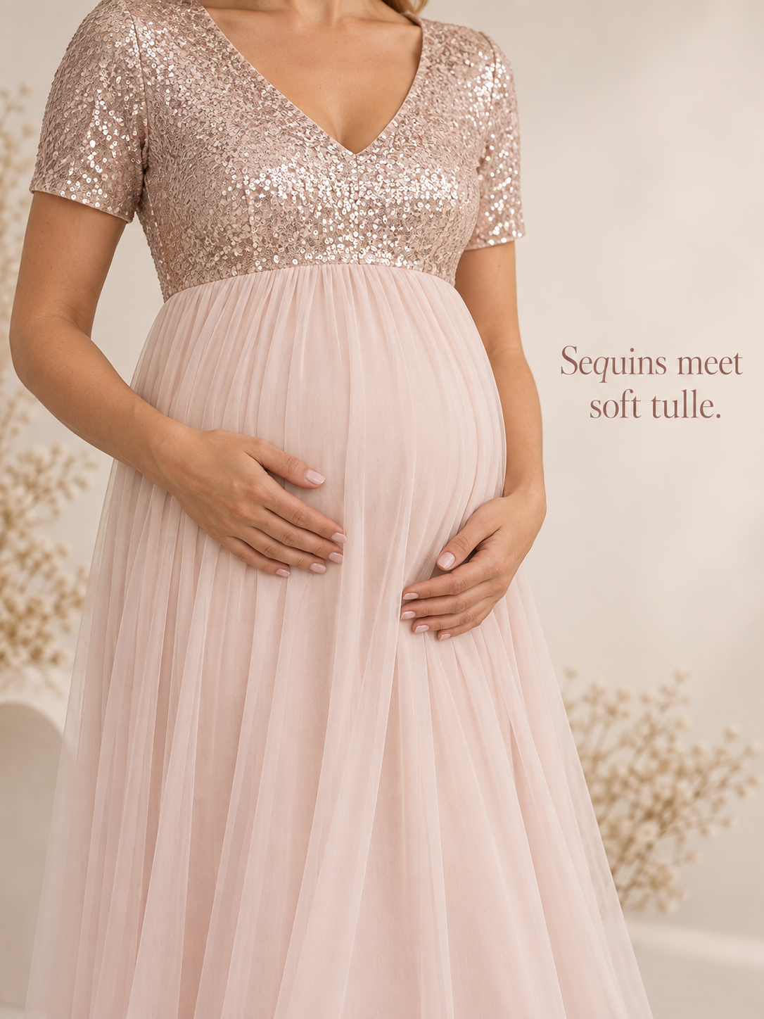 Celestine Champagne maternity dress — fabric detail in soft light