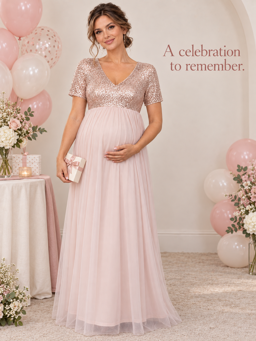 Celestine Champagne maternity dress — occasion styling