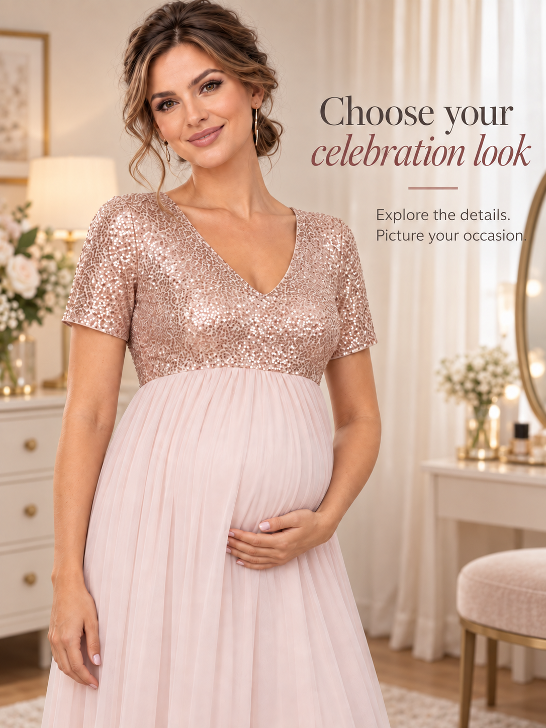 Celestine Champagne maternity dress — choosing your dress