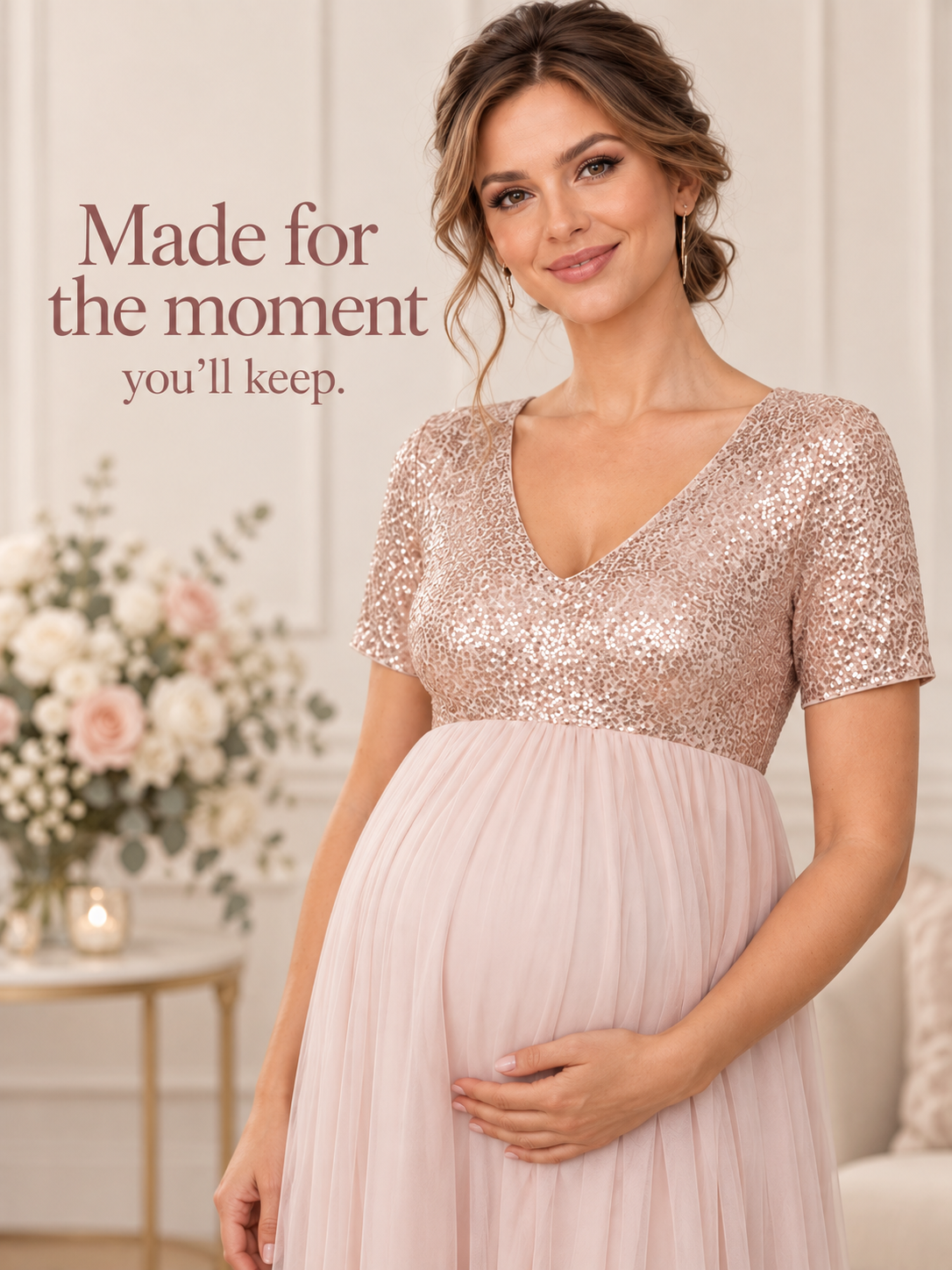 Celestine Champagne maternity dress — babyshowerdress brand story