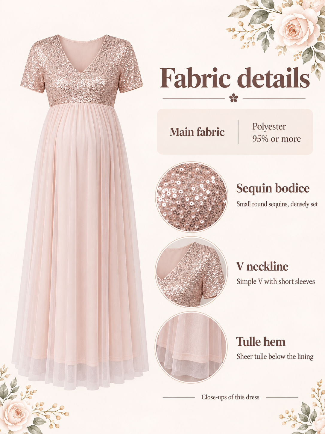 Material guide for the Celestine Champagne maternity dress