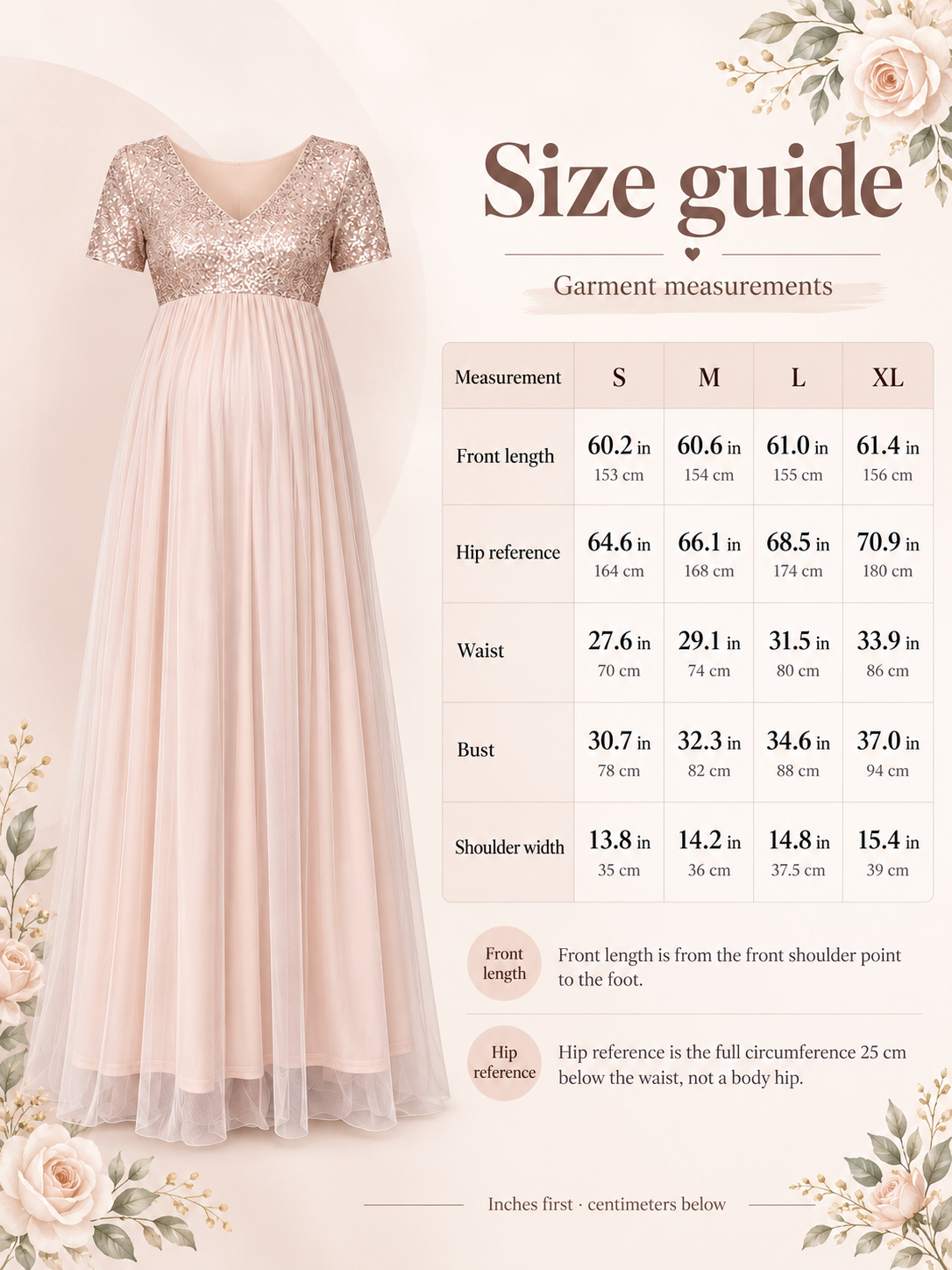Size guide for the Celestine Champagne maternity dress, S to XL garment measurements in inches and centimeters