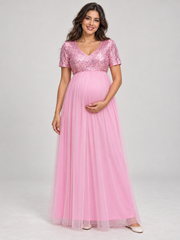 Celestine Pink maternity dress — front view with sequin V-neck bodice and tulle maxi skirt