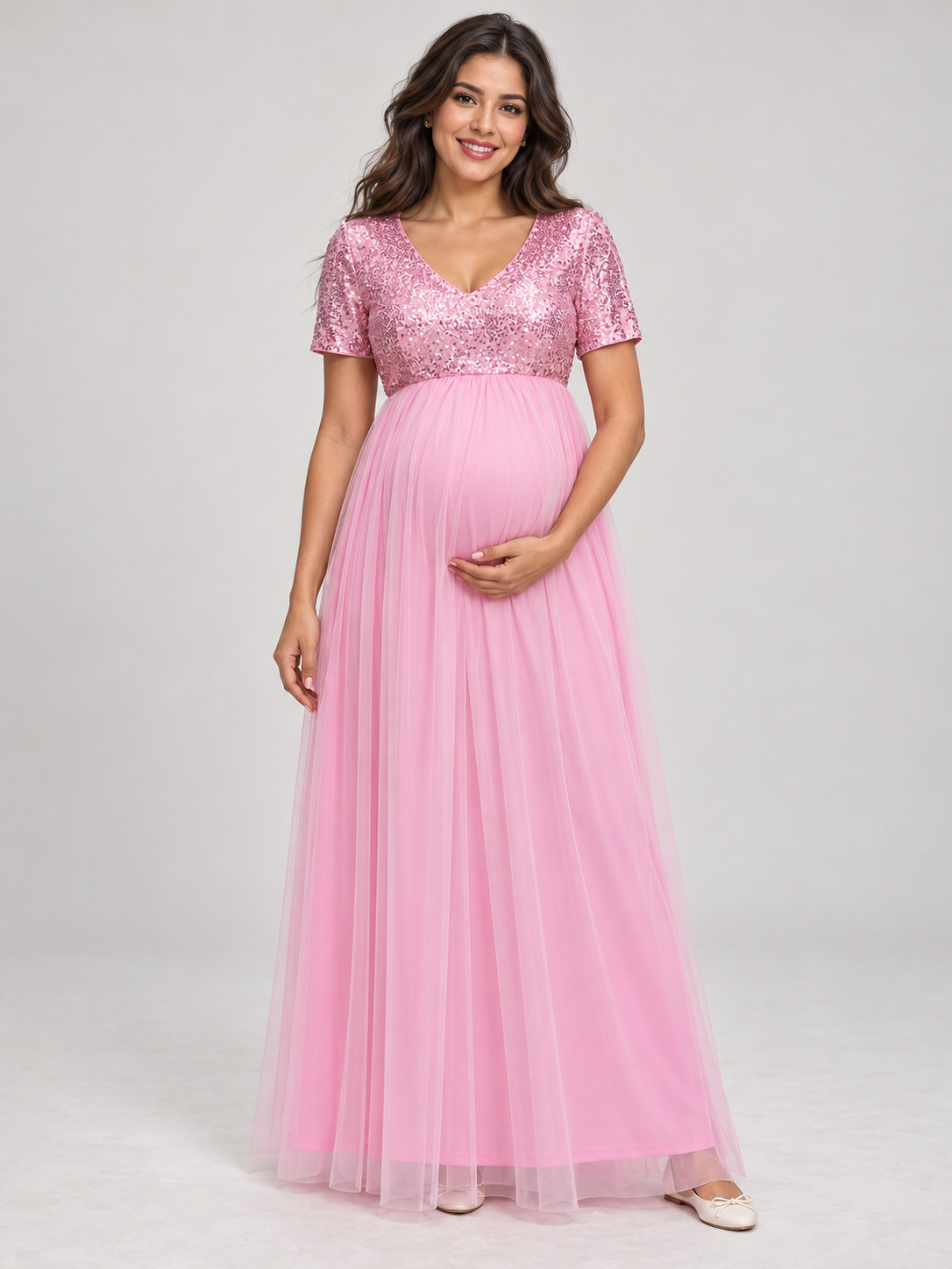 Celestine Pink maternity dress — front view with sequin V-neck bodice and tulle maxi skirt