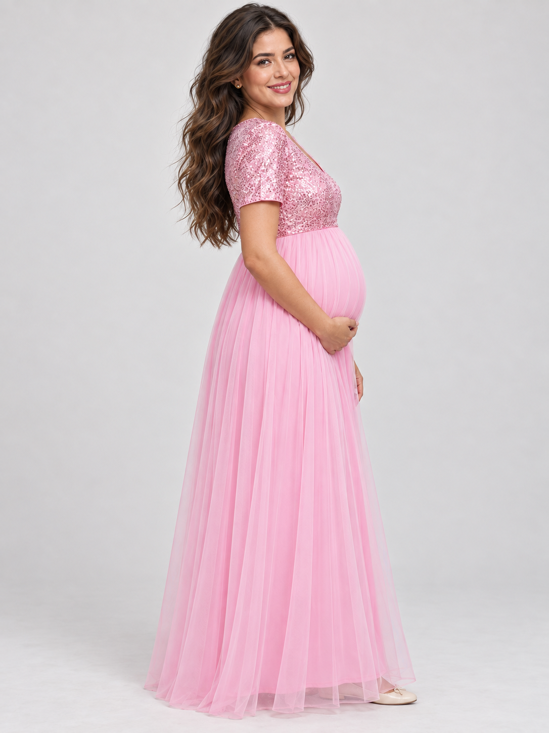 Celestine Pink maternity dress — side view of the high waist over the bump