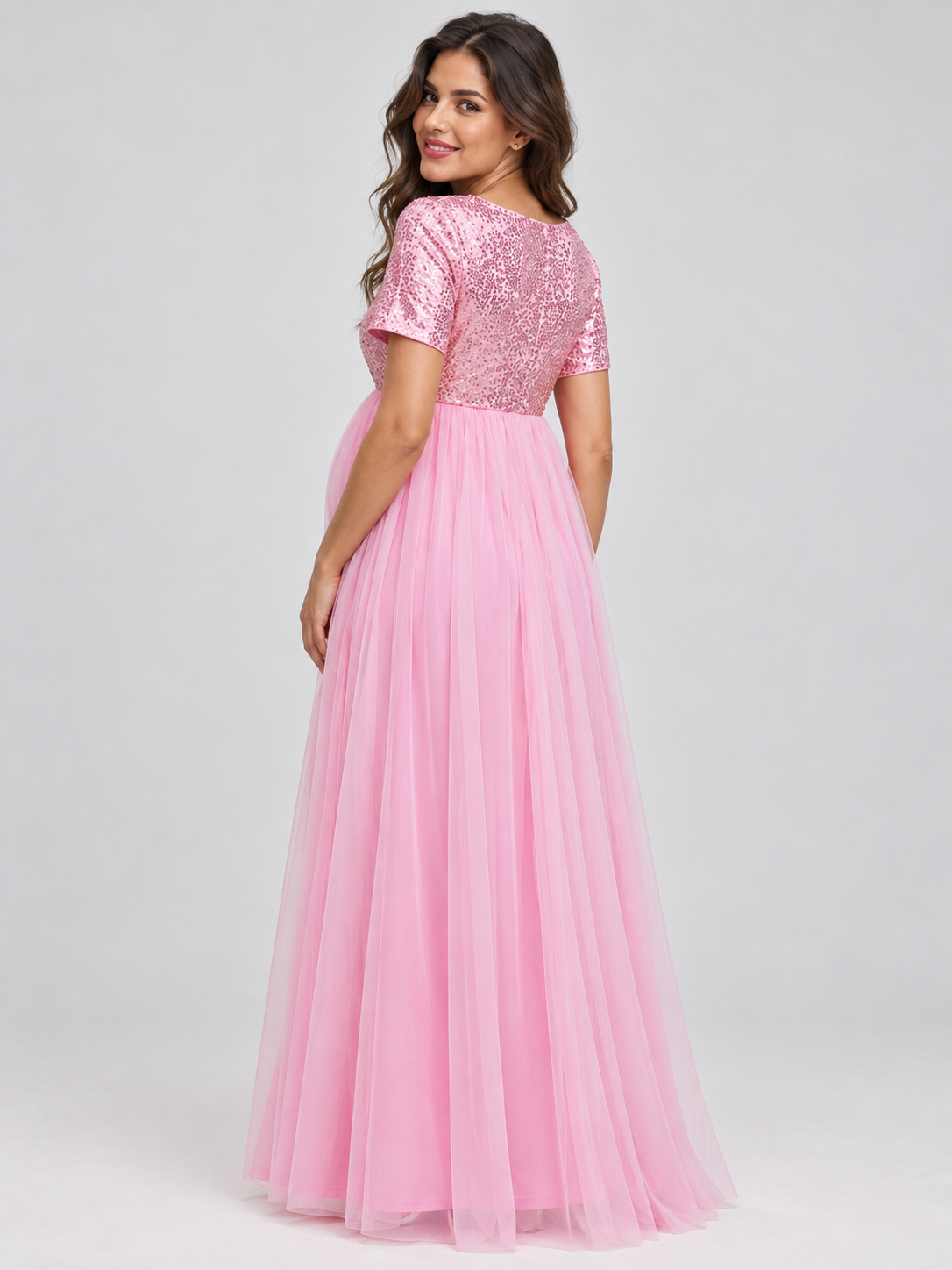 Celestine Pink maternity dress — back view of the closed sequin bodice and tulle skirt