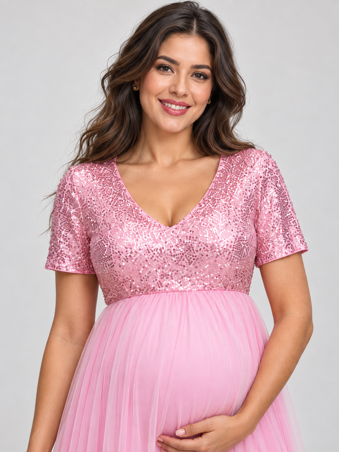 Celestine Pink maternity dress — V neckline and sequin bodice close-up