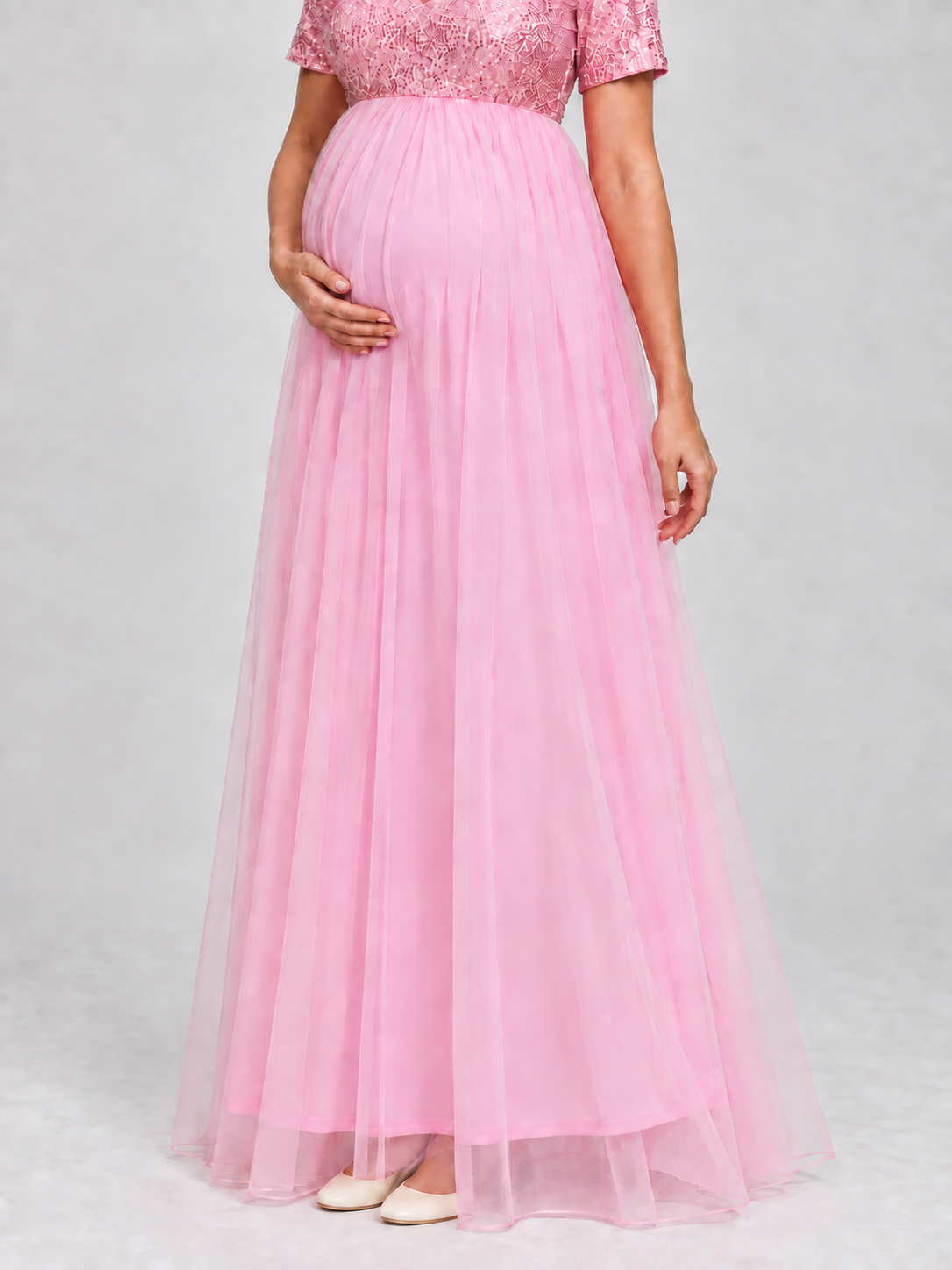 Celestine Pink maternity dress — tulle skirt with a sheer hem over the lining