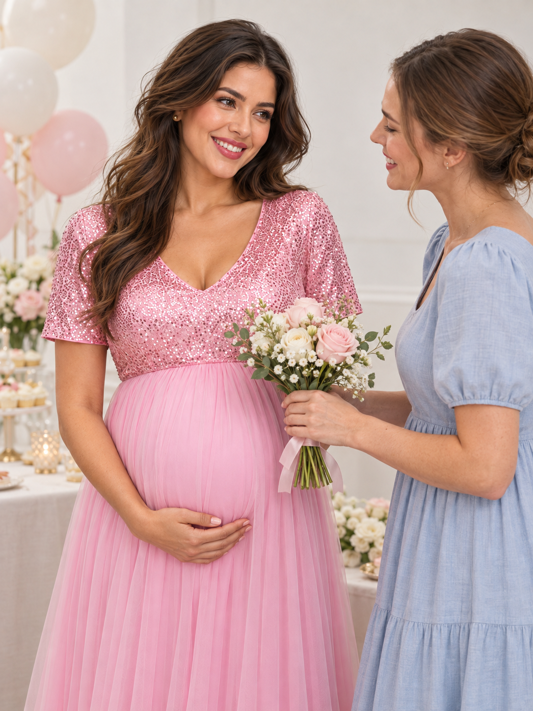 Celestine Pink maternity dress — receiving flowers from a friend at the celebration