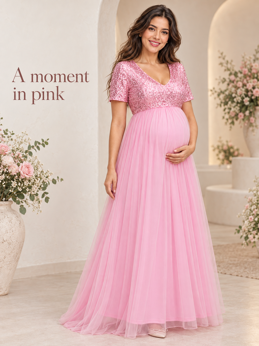 Celestine Pink maternity dress — full silhouette in a softly lit room
