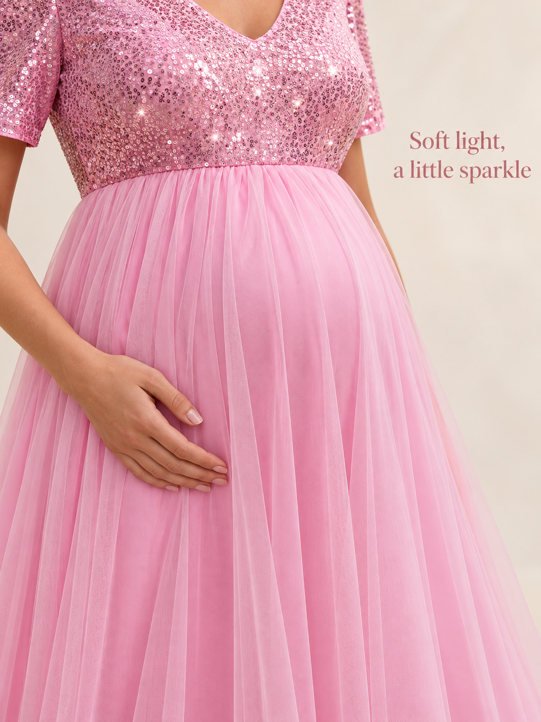 Celestine Pink maternity dress — sequins and tulle in soft light